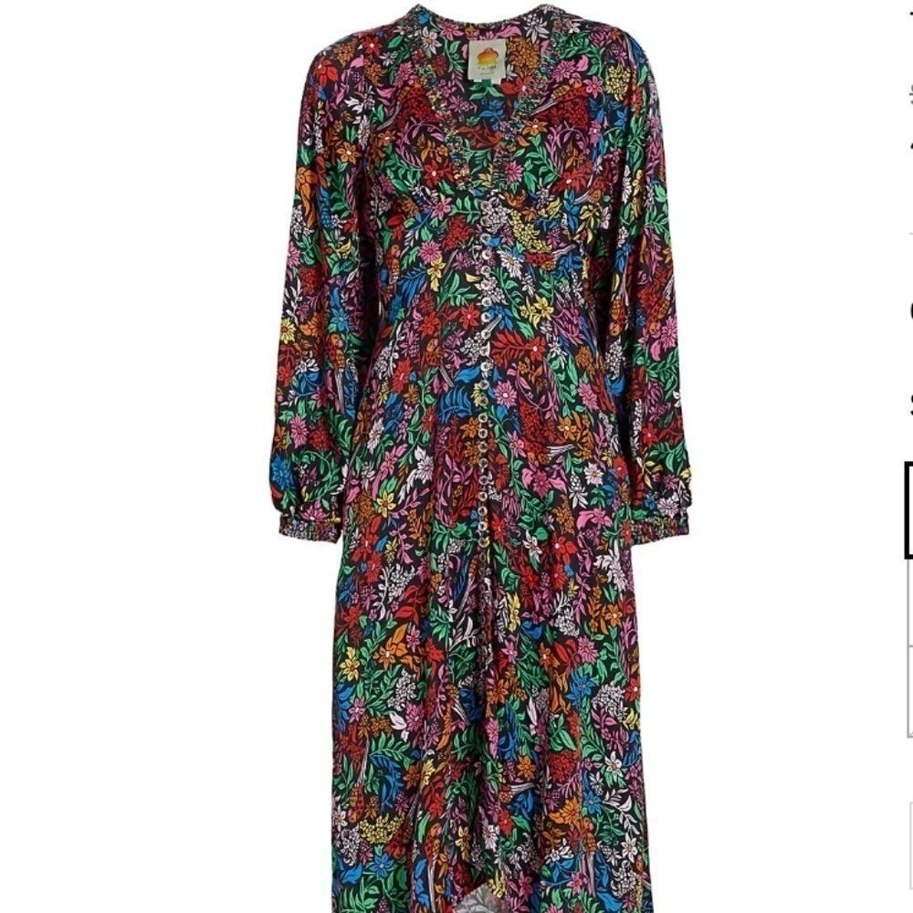 Farm Rio Black Mixed Prints Floral Birds Midi Dress V-Neck Balloon Sleeve Size L - Picture 13 of 16